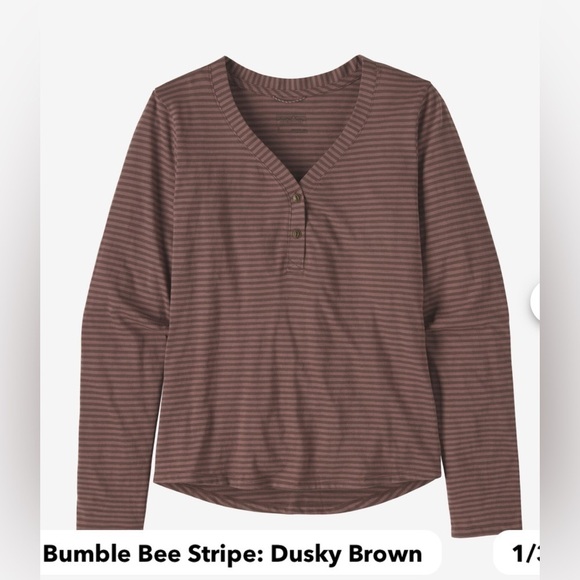 Patagonia Womens Mainstay Henley Shirt Bumble Bee Stripe Dusky Brown Outdoor NWT - Picture 1 of 3